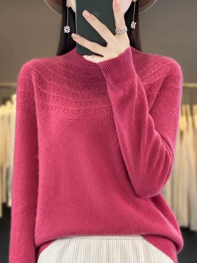 Women's Sweaters Merino Wool Cashmere Women Knitted Sweater Mockneck Long Sleeve Pullover Spring Autumn Hollow Out Clothing Jumper Top