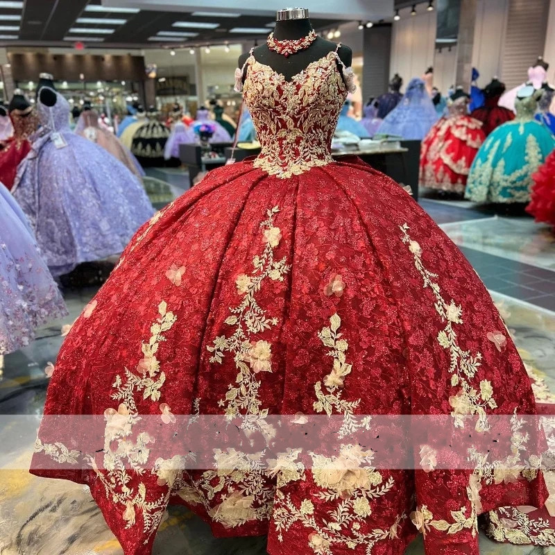Sparkly Red Princess Quinceanera Dresses Ball Gown Straps Off Shoulder Flowers Appliques Beaded Crystals Sweet 16th Gown