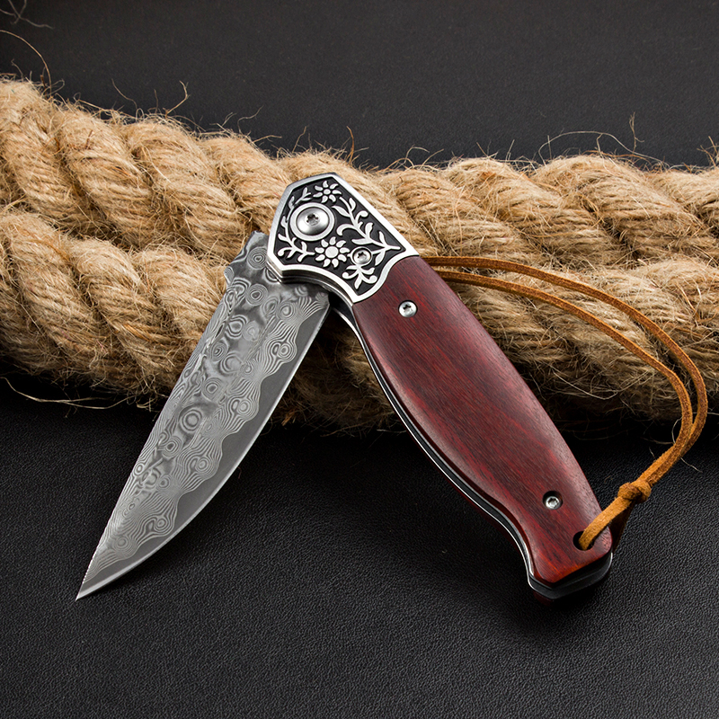 Högkvalitativ H1088 Flipper fällkniv Damascus stål Streck Blad Rosenträ med stålhuvudhandtag utomhus EDC Pocket Mapp Knivar med lädermantel