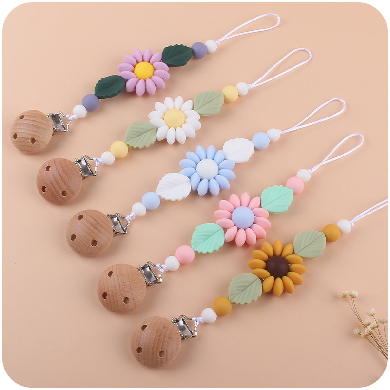Baby Wooden Pacifier Chain Clip Dummy Nipples Holder Clips Infant Cartoon Sunflower Silicone Teething Toy Gifts Baby Accessories