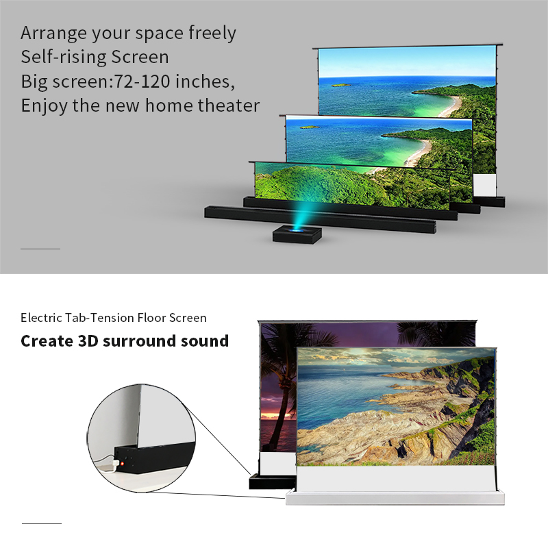 135-дюймовый моторизованный натяжной напольный проекционный экран, перфорированный прозрачный акустически белый проекционный экран для кино