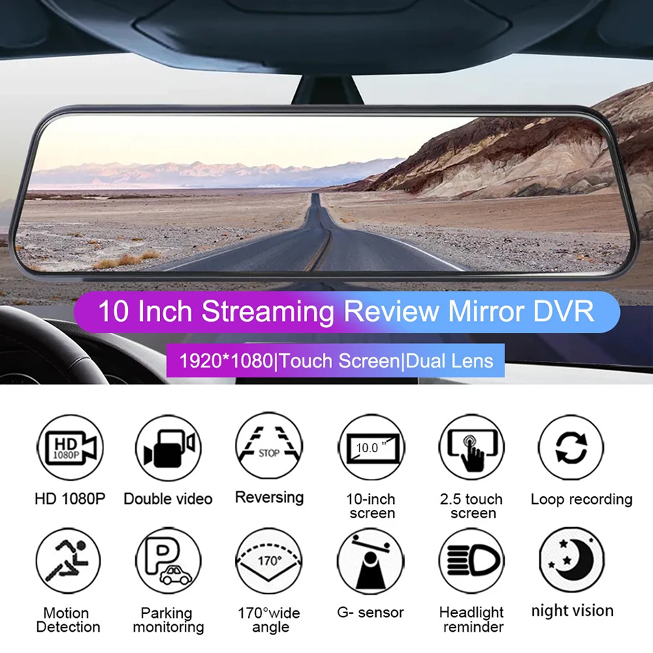 Telecamera specchietto retrovisore da 10 pollici auto DVR 3 in 1 Cam WiFi GPS Videoregistratore di guida Vista anteriore e posteriore Scatola nera