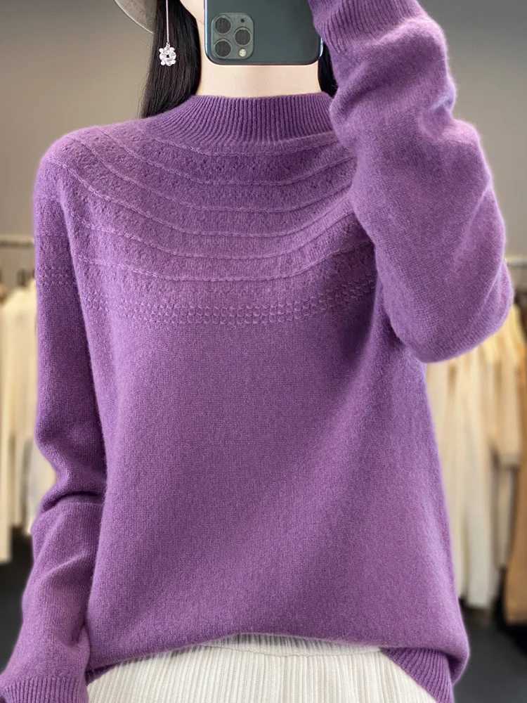 Women's Sweaters Merino Wool Cashmere Women Knitted Sweater Mockneck Long Sleeve Pullover Spring Autumn Hollow Out Clothing Jumper Top