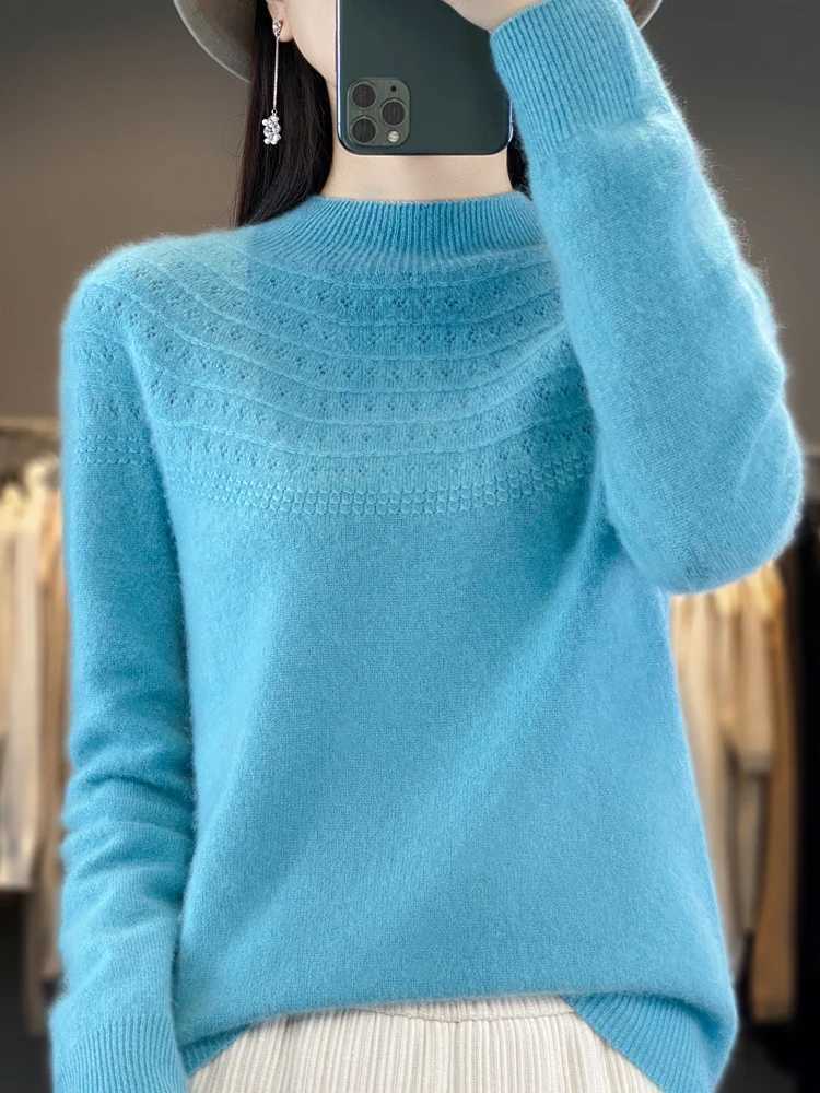 Damenpullover, Merinowolle, Kaschmir, Damen-Strickpullover, Mockneck-Langarmpullover, Frühling und Herbst, aushöhlen, Kleidung, Pullover-Oberteil