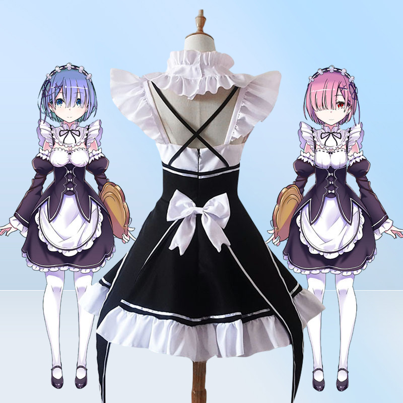 Ramrem Cosplay Costumes Rezero Kara Hajimeru isekai seikatsu lolita kjol för kvinna blå rosa peruk kostym piga servant klänning anim5073202