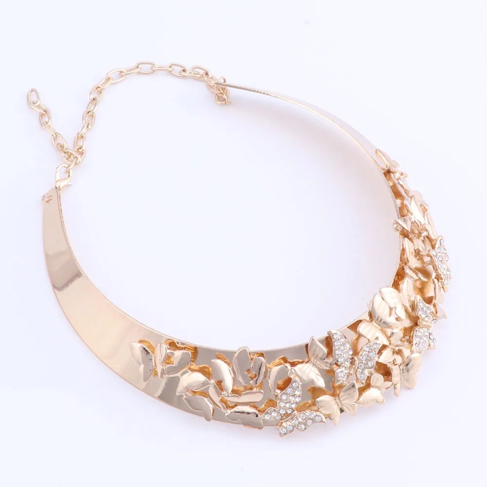 Women Luxury Dubai Gold Color Butterfly Necklace Earring Ring Bangle Wedding Party Costume Accessories Jewelry Set