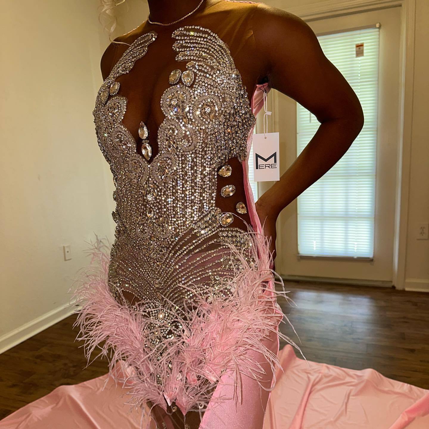 Pink Sequined Prom Dress With Feathers 2024 Feathers Women Gala Outfit Sexy See Through Birthday Party Formal Gowns