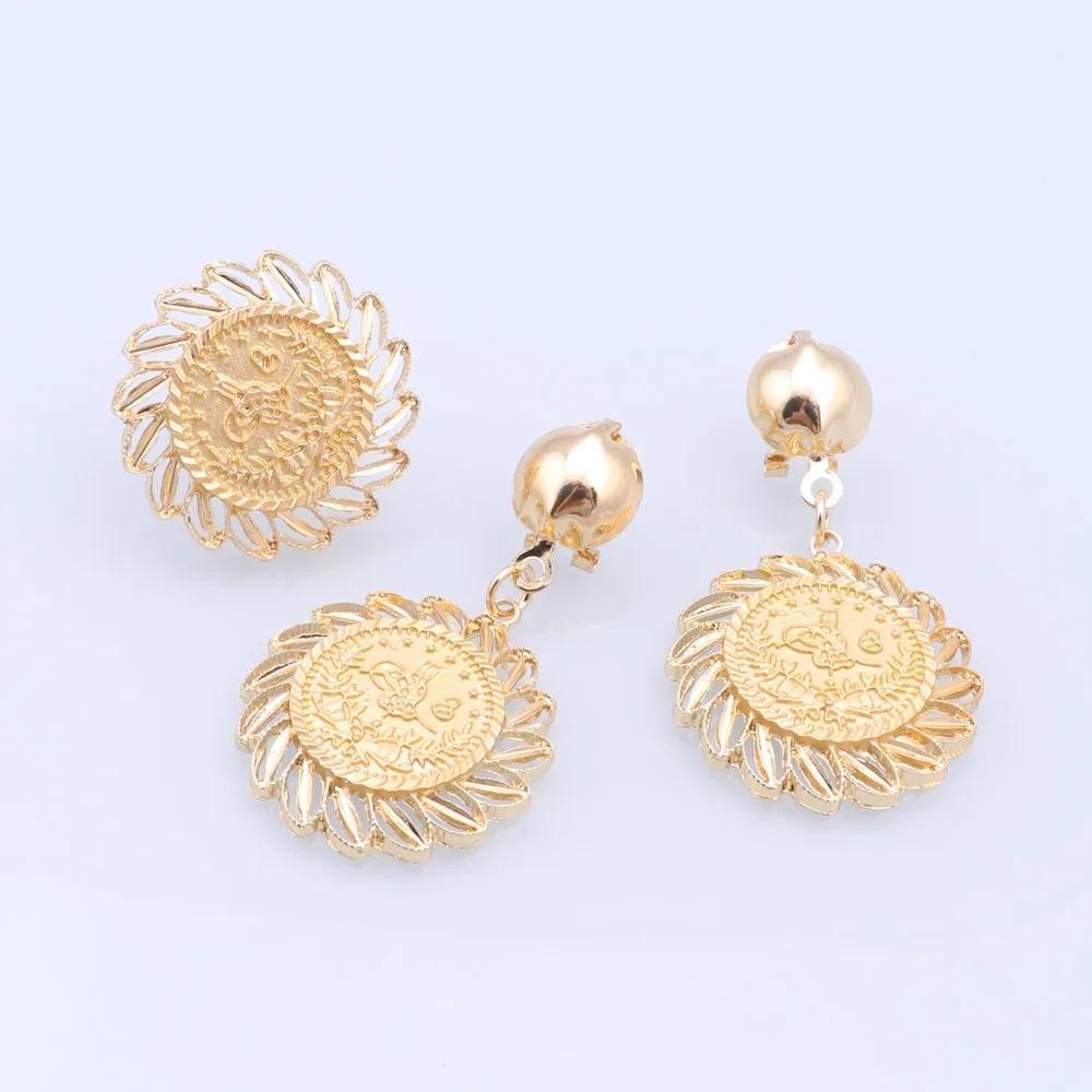 Luxury Dubai Gold Color Round Pendant Necklace Earring Ring Bracelet Wedding Party Costume Accessories Jewelry Set
