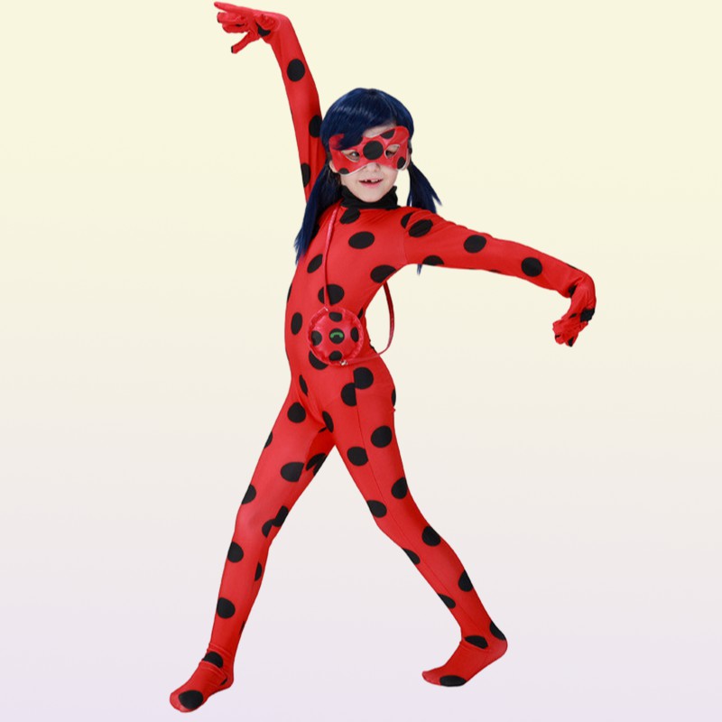 Halloween Spandex Costume for Kids Teeniager Girls Elastic Birthday Christmas Cosplay Lady Bug Zentai Odzież Zestaw T2480974