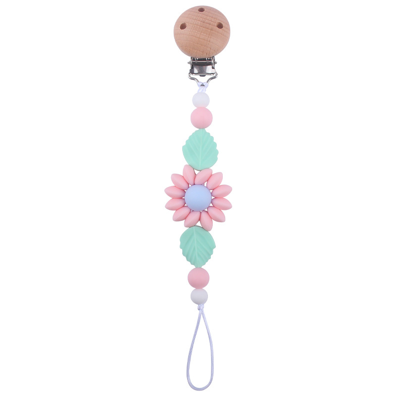 Baby Wood Pacifier Chain Clip Dummy Nipples Holder Clips Spädbarn Cartoon Sunflower Silicone Toing Toy Gifts Baby Accessories