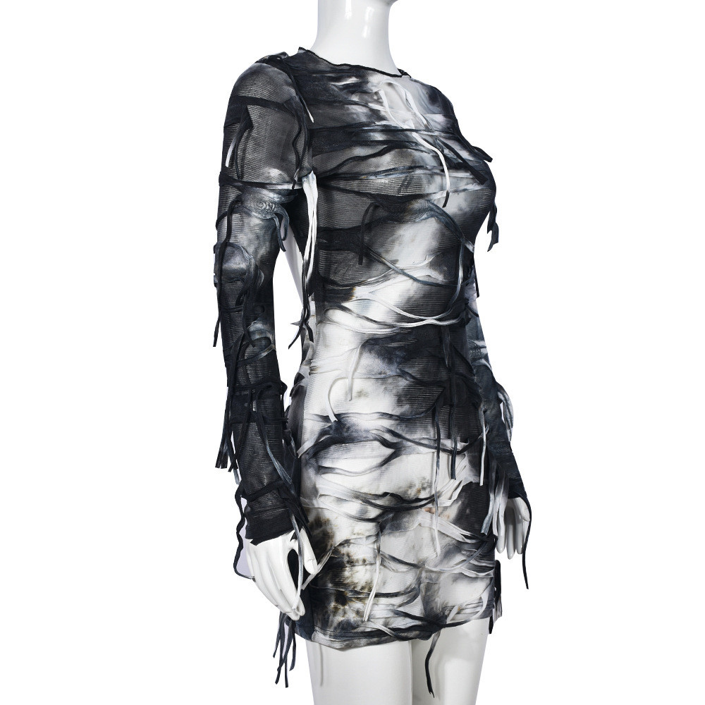 Designer sexy nappe vestito da donna manica lunga tie dye abiti sexy backless vestito aderente street night club abbigliamento da festa all'ingrosso vestiti all'ingrosso 10215