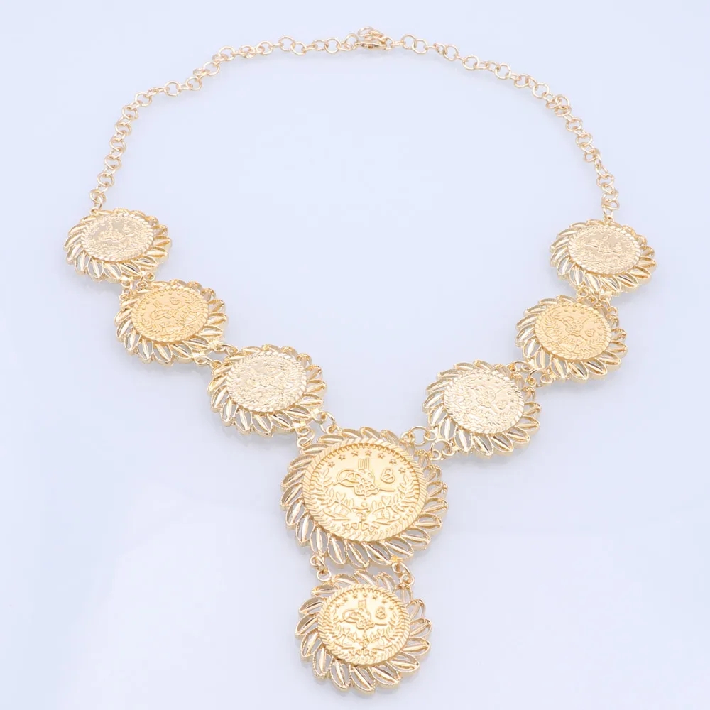 Luxury Dubai Gold Color Round Pendant Necklace Earring Ring Bracelet Wedding Party Costume Accessories Jewelry Set