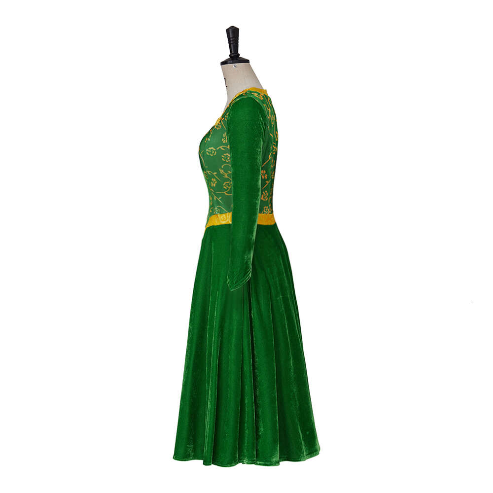 Princess Fiona Cosplay Costume Dress Outfit Women Cartoon Green Square Collar Veet Long Dress for Ladies Halloween Role Play