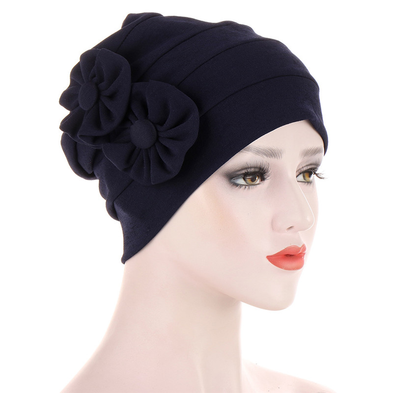 fashion Side decal hat turban pleated muslim headscarf nightcap Simple pure color Two flowered cap for ladies DF297