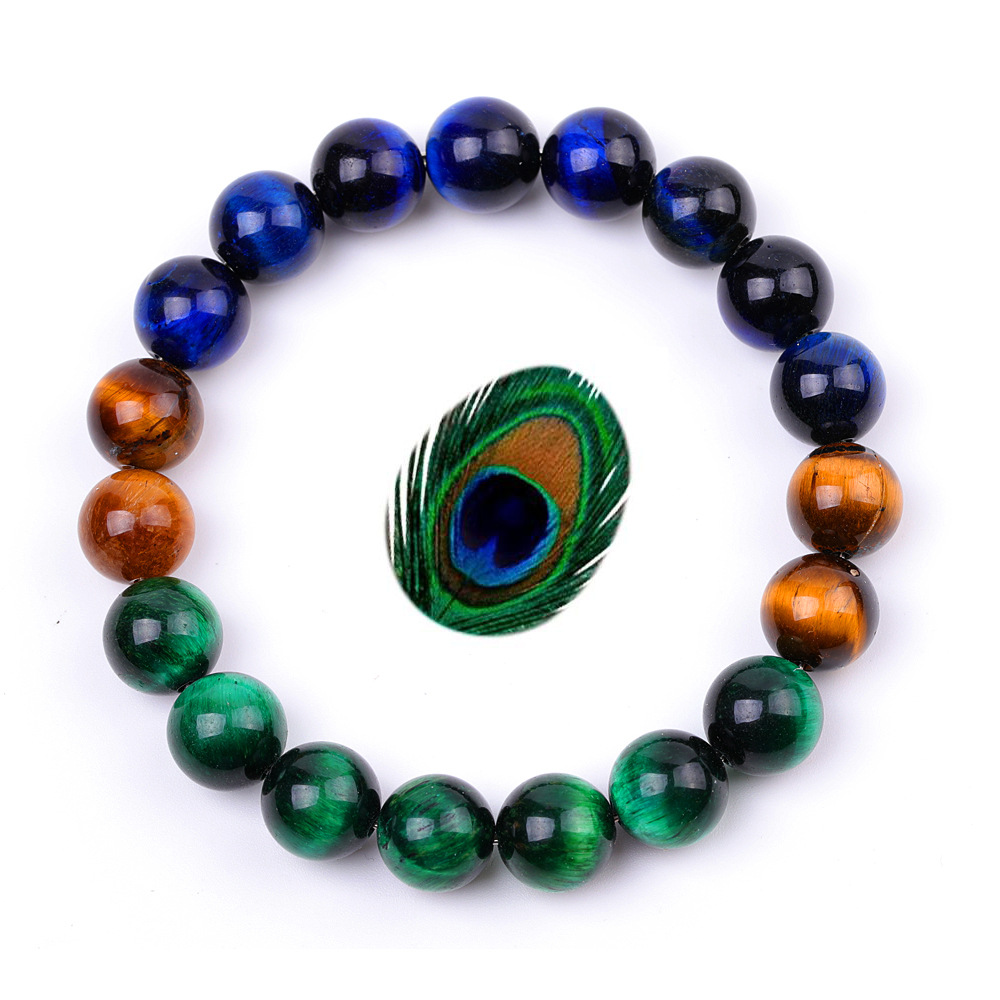 6 8 10mm Blue Green Yellow Men Tiger Eye Stone Armband Peacock Open Screen Reiki Pärlor Strand Energy Jewelry