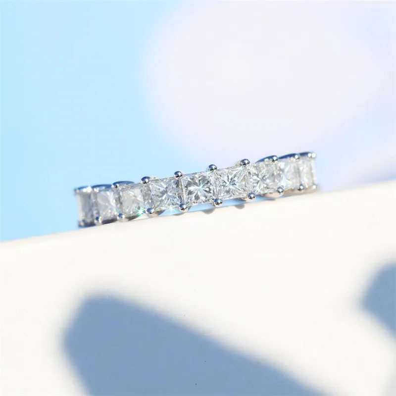T GG Classic Fine Jewelry 925 Sterling Silver Full Princess Cut White Topaz Diamond Gemstones Eternity Square Party Women Wedding Band Ring