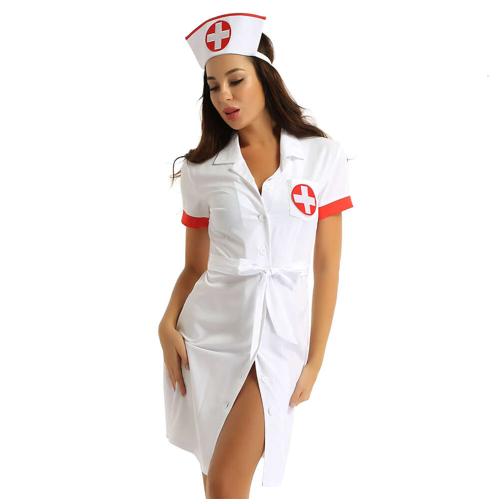 Thema KostümFrauen Sexy Krankenschwester Kostüm Tiefer V Sexy Arzt Cosplay Erwachsene Krankenschwester Uniform Rollenspiel Partykleid mit Gürtel und Hut Weiblich