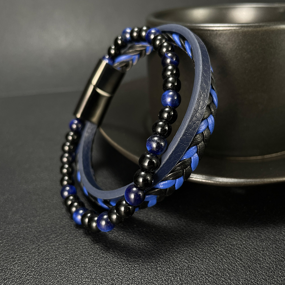 Blaue Mode Persönlichkeit Tigerauge Stein Perlen handgemachte mehrschichtige gewebte Lederarmband für Herren Frauen 14 mm 8,26 Zoll