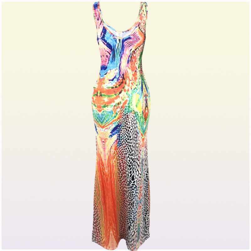 Tie Dye Print Maxi Dresses Summer Women Multi Scoop Neck Sleeveless Ankle Length Bandage Dress Rose Red Yellow Orange Yellow2178942