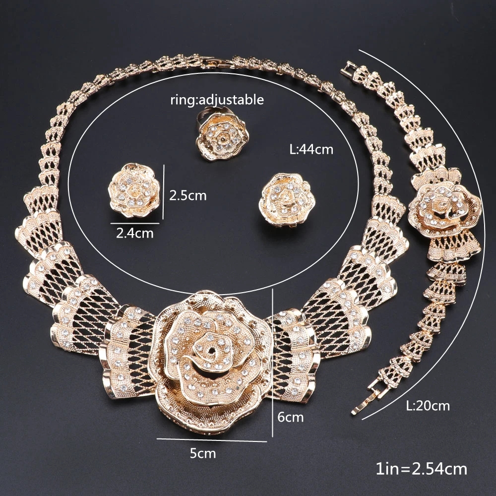 Italian Bridal Constume Flower Crystal Jewelry Set Nigeria Women Necklace Earrings Dubai Gold Color Bangle Ring Jewellry
