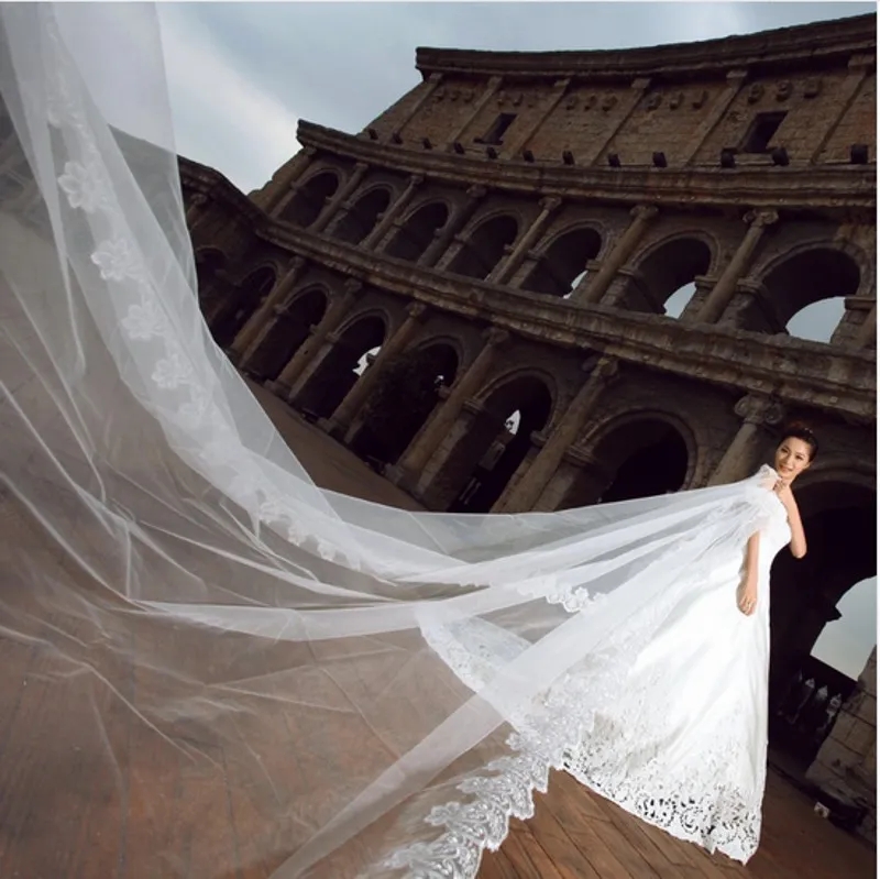 Promozione velo da sposa 5 metri lunghi di alta qualità velo cattedrale in avorio / colore bianco in pizzo accessori matrimoni