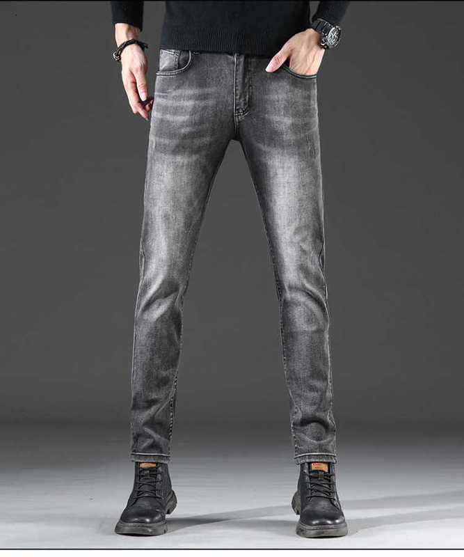 Jeans masculinos designer primavera algodão bala versão coreana slim fit pés pequenos esfumaçados cinza high end bens europeus grande touro 8v9a