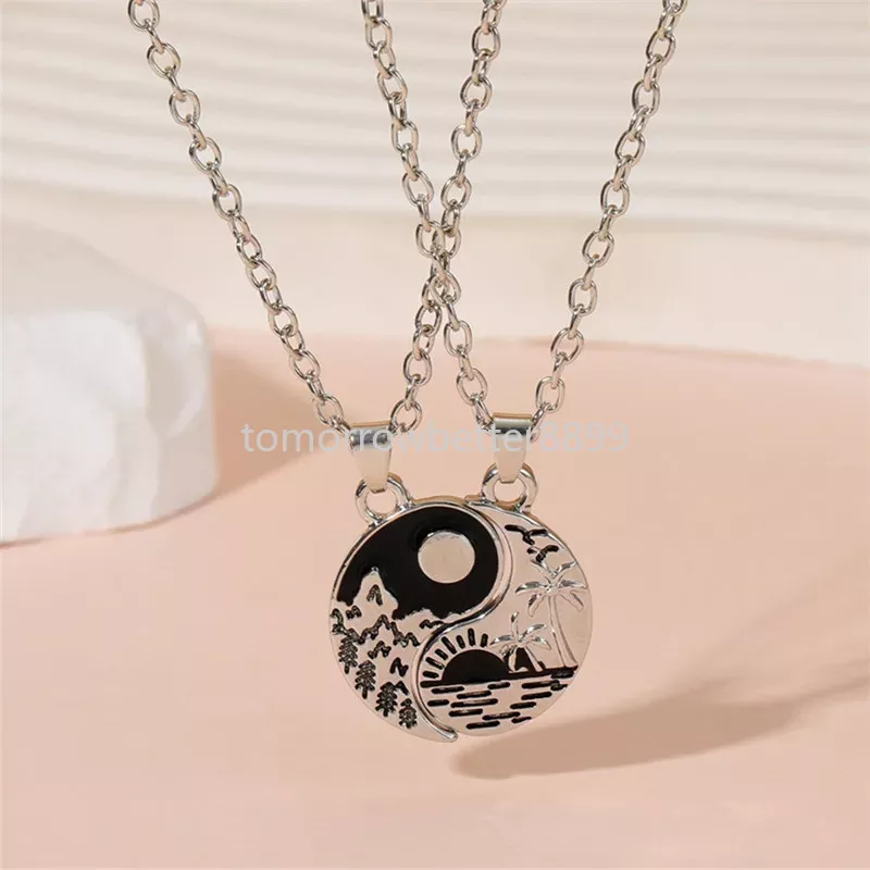 Fashion Round Yin Yang Tai Chi Pendant Lover Necklace Designer South American Alloy Silver Plated Sun Sea Mountain Necklaces Jewelry Valentine's Day Gift 