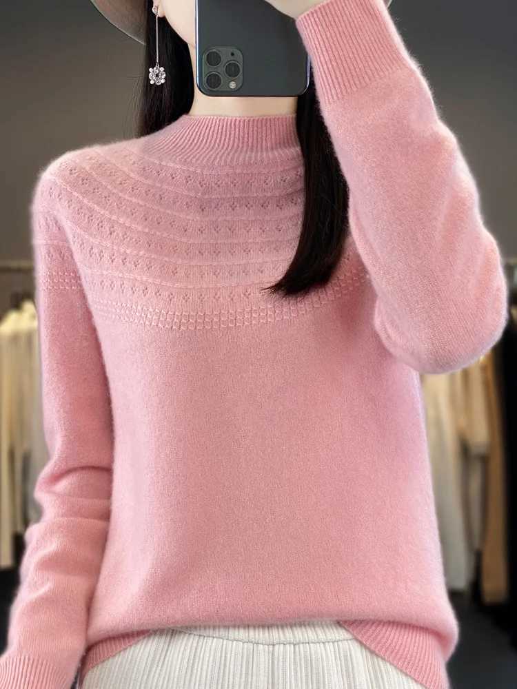 Damenpullover, Merinowolle, Kaschmir, Damen-Strickpullover, Mockneck-Langarmpullover, Frühling und Herbst, aushöhlen, Kleidung, Pullover-Oberteil