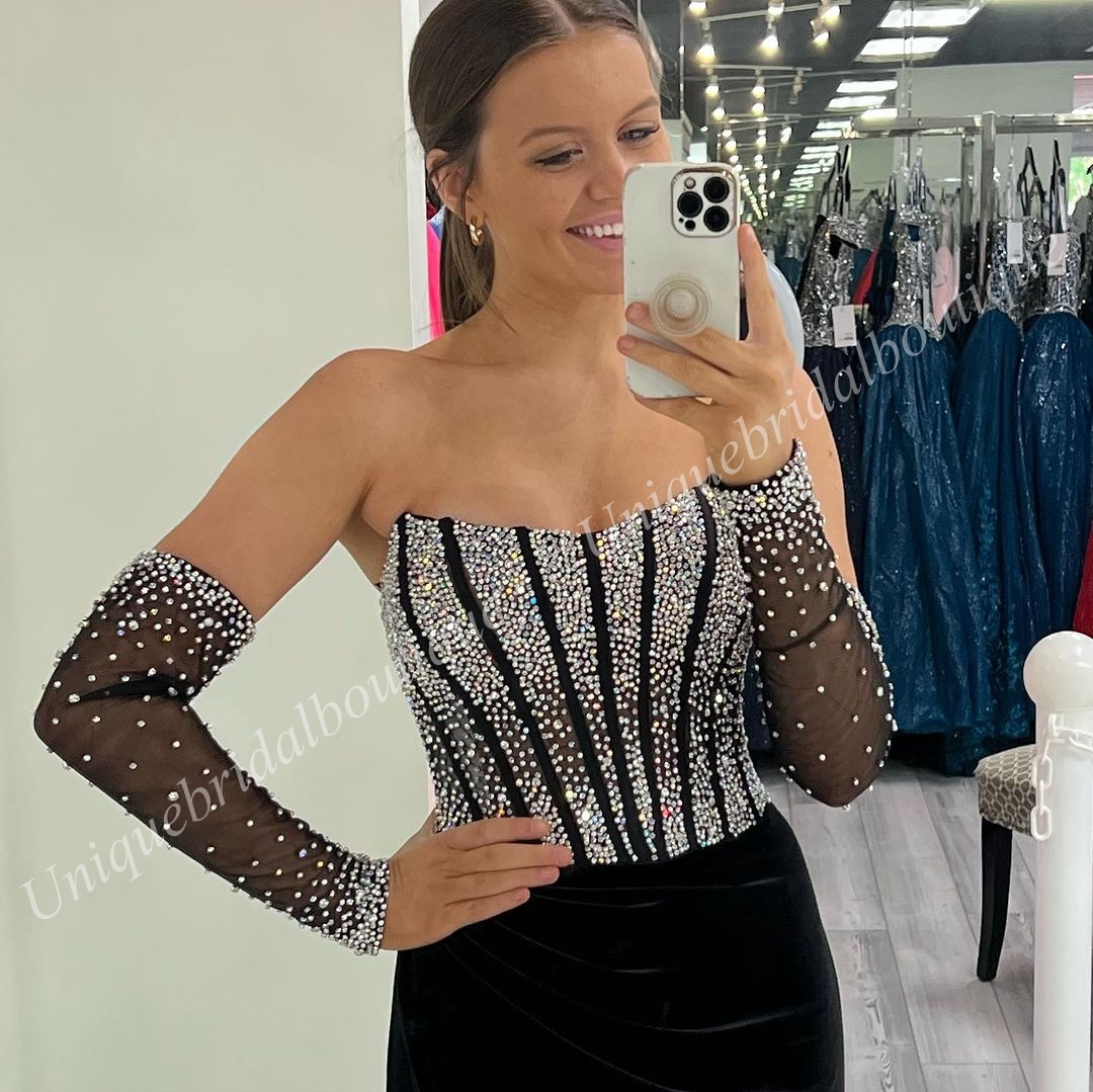 Sparkling Prom Dress 2k24 Removable Gloves Sleeves Crystal Corset Boning Lady Pageant Winter Formal Evening Cocktail Party Hoco Gala Gown Sherri High Slit Black