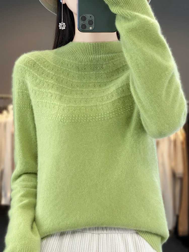 Damenpullover, Merinowolle, Kaschmir, Damen-Strickpullover, Mockneck-Langarmpullover, Frühling und Herbst, aushöhlen, Kleidung, Pullover-Oberteil