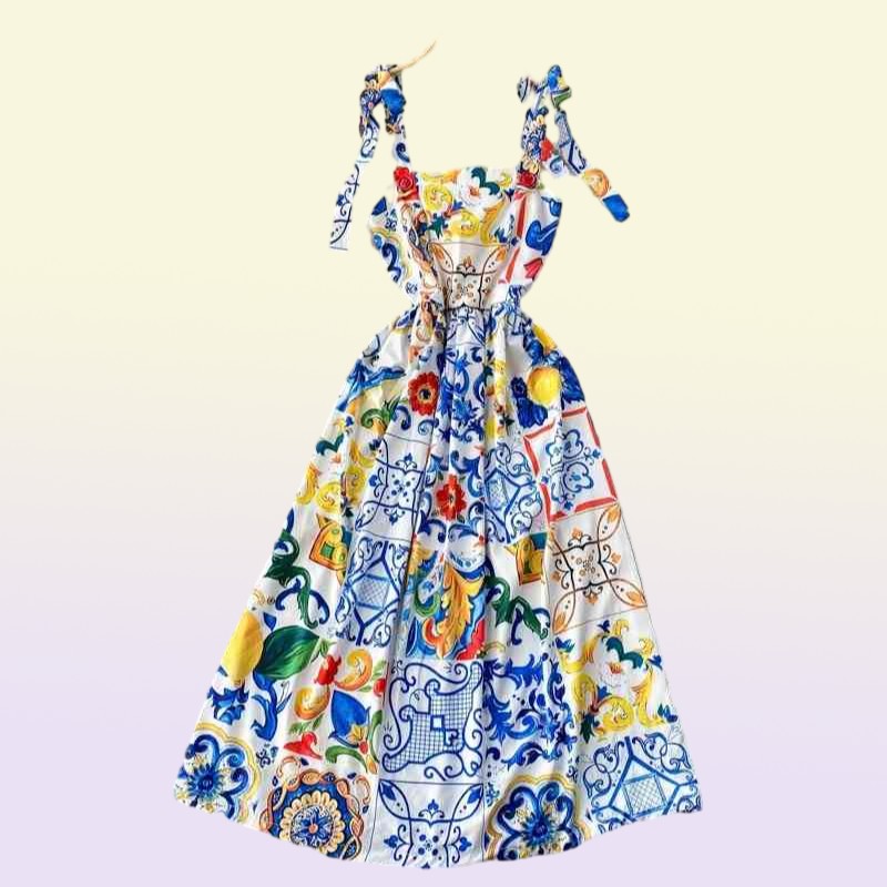 Fashion Runway Summer Dress New Women039s Bow Spaghetti Strap Backless Blue and White Porcelain Floral Print Long Dress 2104098957779