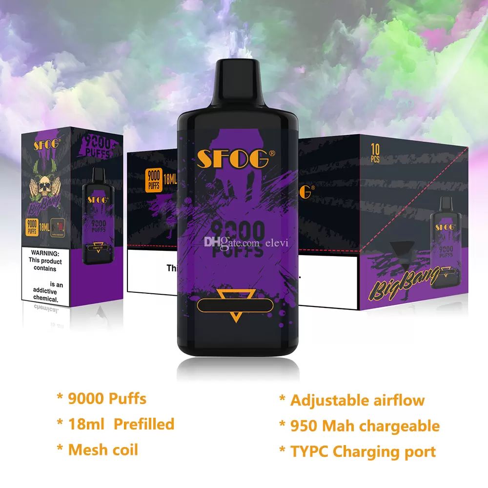 오리지널 일회용 vape sfog 빅뱅 9000 퍼프 e 담배 사전 가득한 18ml 포드 메쉬 코일 vape 일회용 퍼프 9k 12 맛 박스 충전식 증기 퍼프 9000