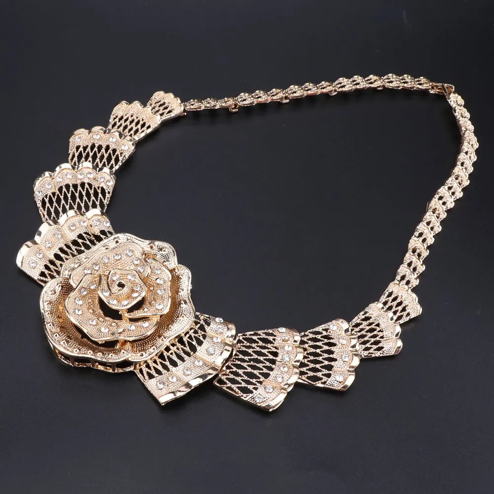 Italian Bridal Constume Flower Crystal Jewelry Set Nigeria Women Necklace Earrings Dubai Gold Color Bangle Ring Jewellry