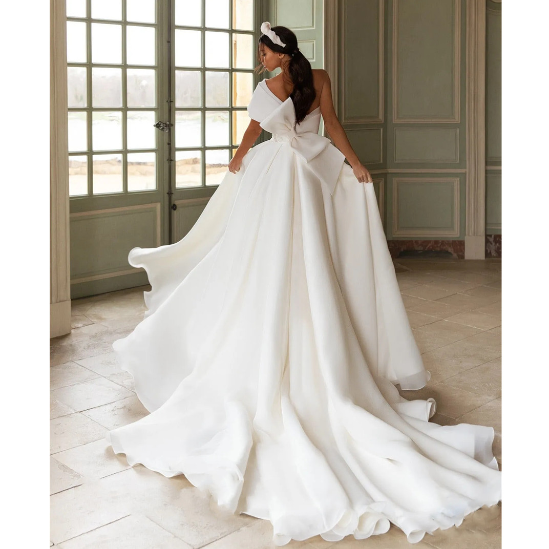 Elegant Appliques One Shoulder Wedding Dresses Split A-Line Bride Gow With Bow Swoop Train Bride Dress Robe De Mariee