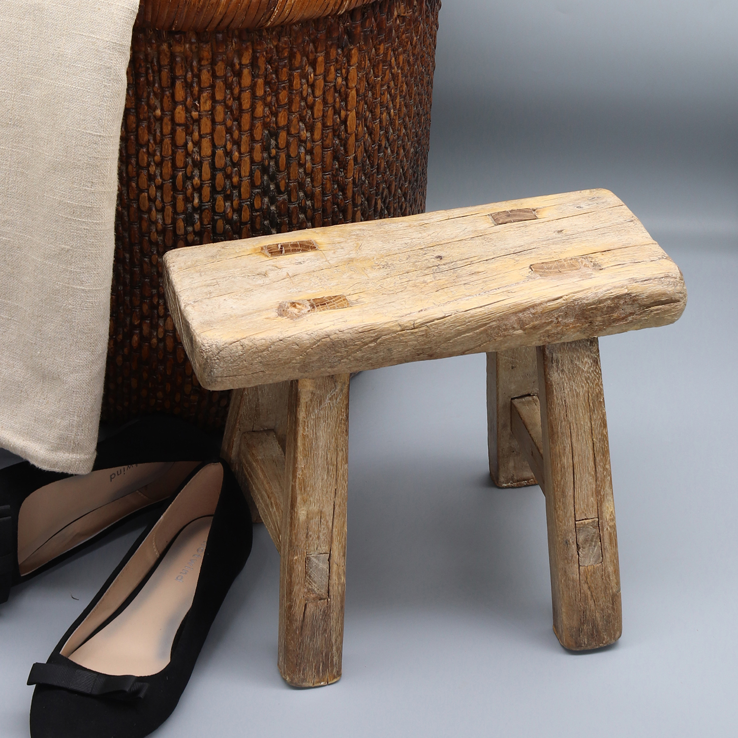 Tabouret en bois antique, mortaise et tenon articulé, petite table, support végétal, bois massif