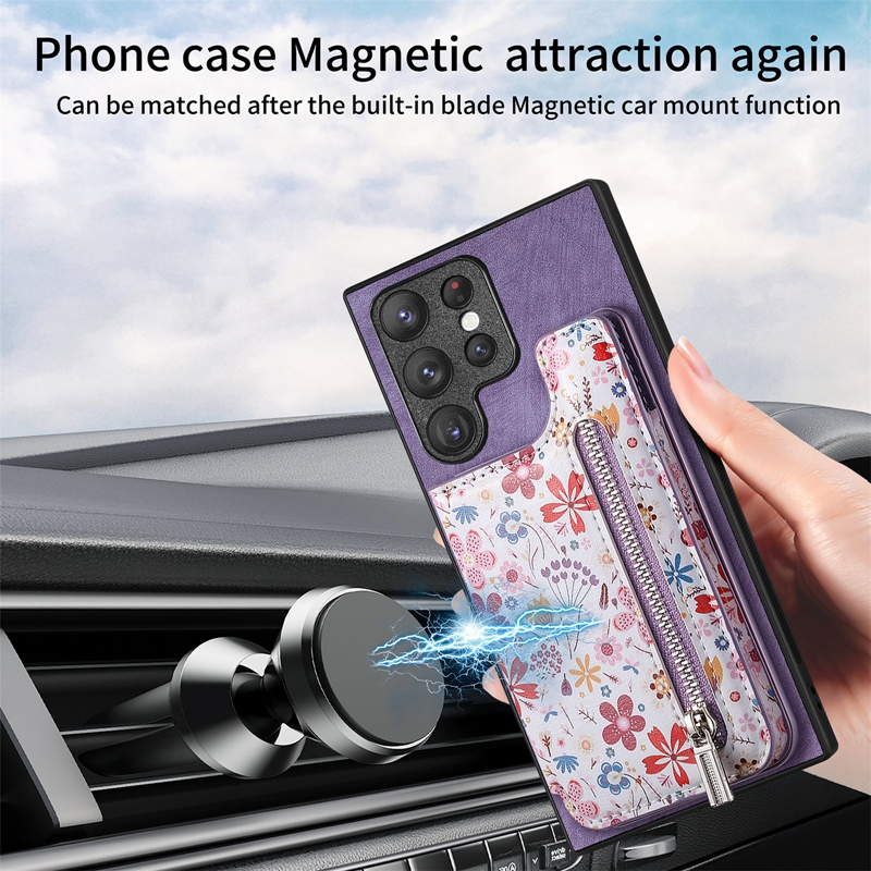 Flower Zipper Card Pocket Pack PU Leather Wallet Cases For Samsung S23 Plus S22 Ultra A05S A05 A04E A34 A54 A14 A04 A33 A73 Cash Slot Magnet Car Bracket Holder Back Cover