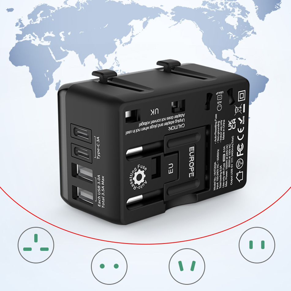 Universeller internationaler europäischer Reisestecker-Adapter, 2 USB 2 Typ-C 3A-Ladegeräte, EU-, US-, AU-, UK-Stecker, weltweit kompatibel, max. Belastung 1800 W