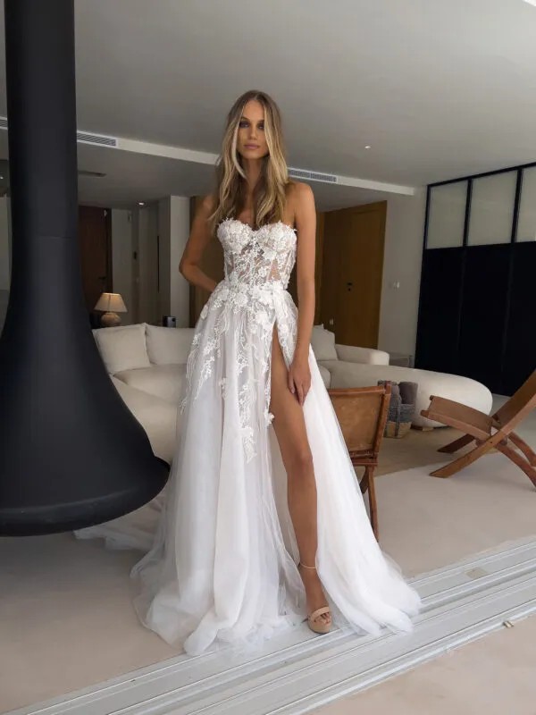 Floral Lace Bohemian A Line Wedding Dresses Sweetheart Elegant Arabic Aso Ebi Tulle Romantic Bridal Gowns Sexy High Split Garden Country Vestidos De Novia CL2780