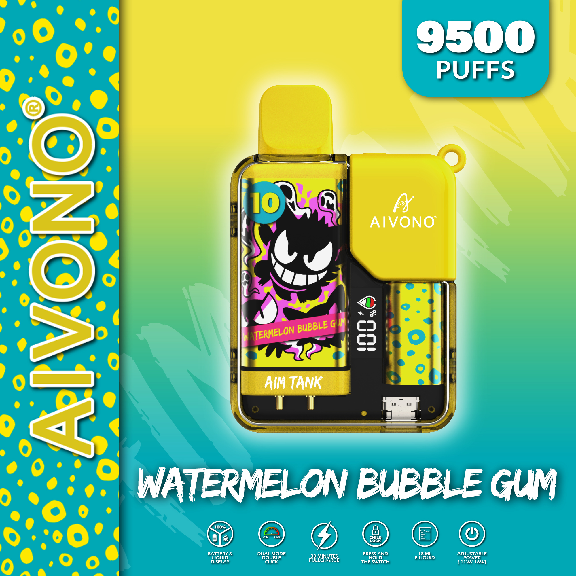 AIVONO AIM TANK puff 9500 vape descartável cigarro eletrônico 650mah bateria recarregável 18ml carrinhos pré-cheios Child Lock Smart Display screen puffbar