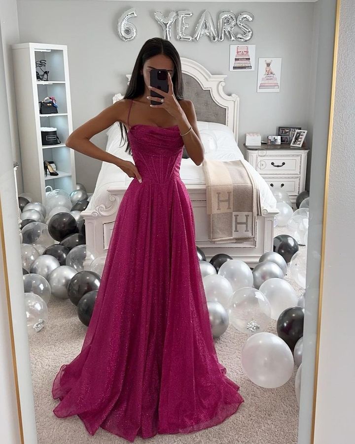 Robe de soirée trapèze fuschia scintillante pour femme, bretelles spaghetti, paillettes, anniversaire, bal, célébrité, concours de beauté, robe formelle pour occasions spéciales.