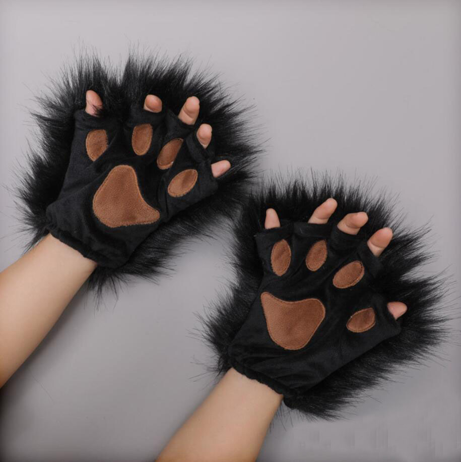 Ladies Animal Paw Gloves Winter Fingerless Gloves Fluffy Bear Cat Plush Paw Claw Half Finger Glove Half Cover Woman Mitten Hot