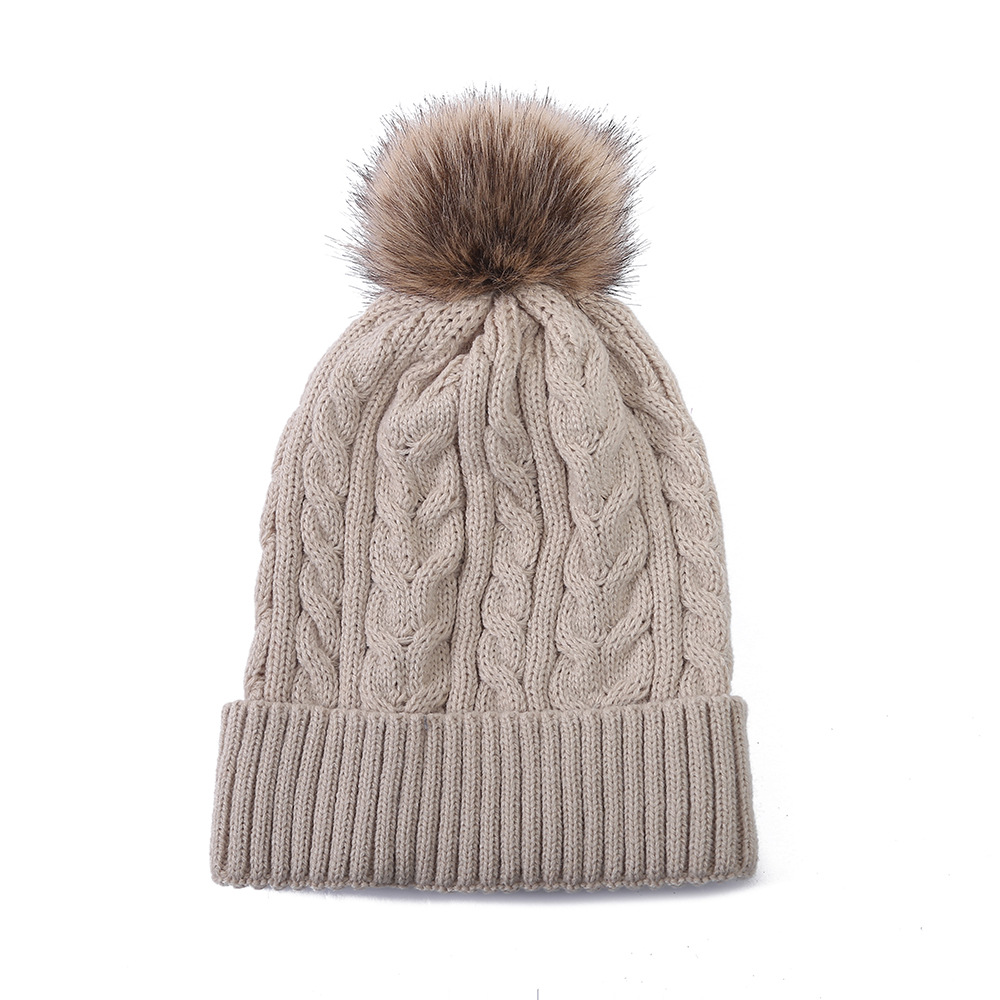 Wholesale Custom Logo Knit Bobble For Women Cable Rib Faux Fur Pom Pom Beanie Hat With Pompom DF299