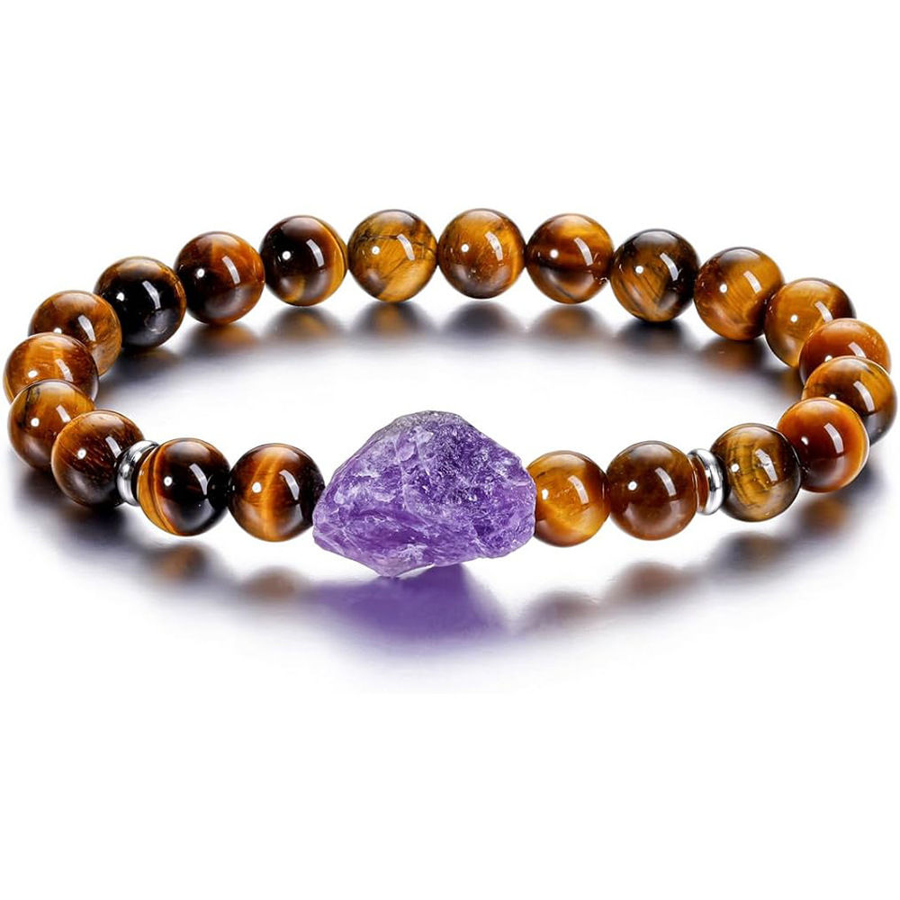 Reiki-Heilstein-Strang-Armband, unregelmäßiger roher Amethyst, Druzy-Charms, schwarz-weiße Perlen, elastischer Energie-Armreif für Damen und Herren