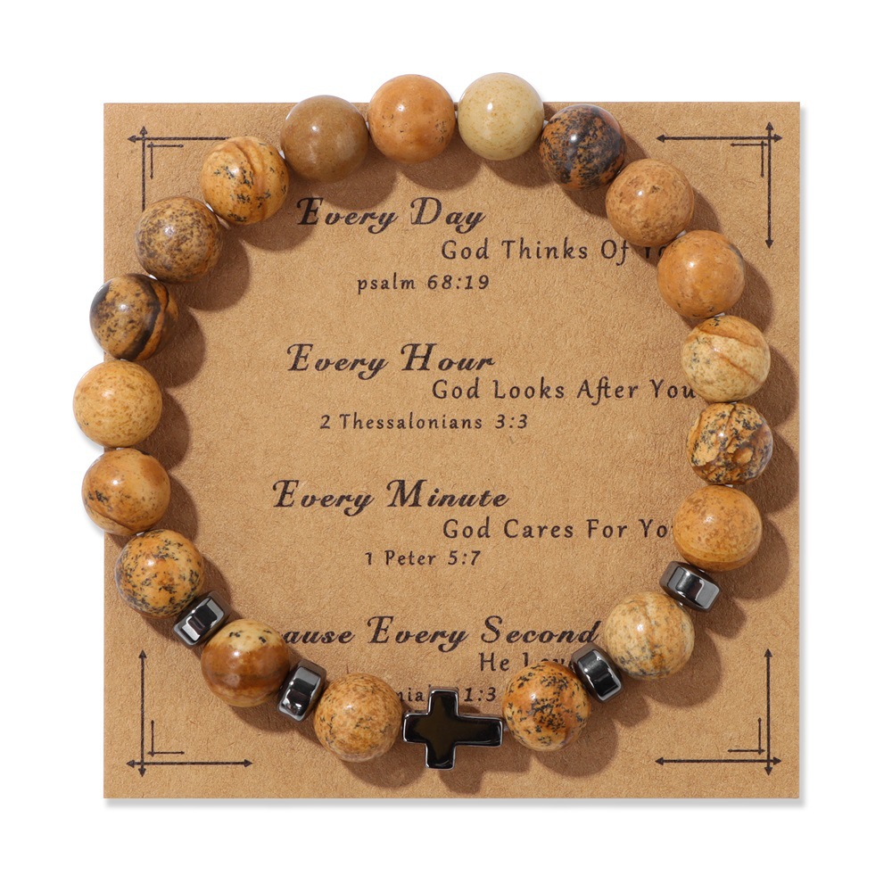 Perle di occhio di tigre in pietra naturale Bracciale con croce in ematite Scheda messaggio Gioielli in carta kraft Perline di equilibrio Bracciale Reiki Buddha con pietra di preghiera Yoga donna