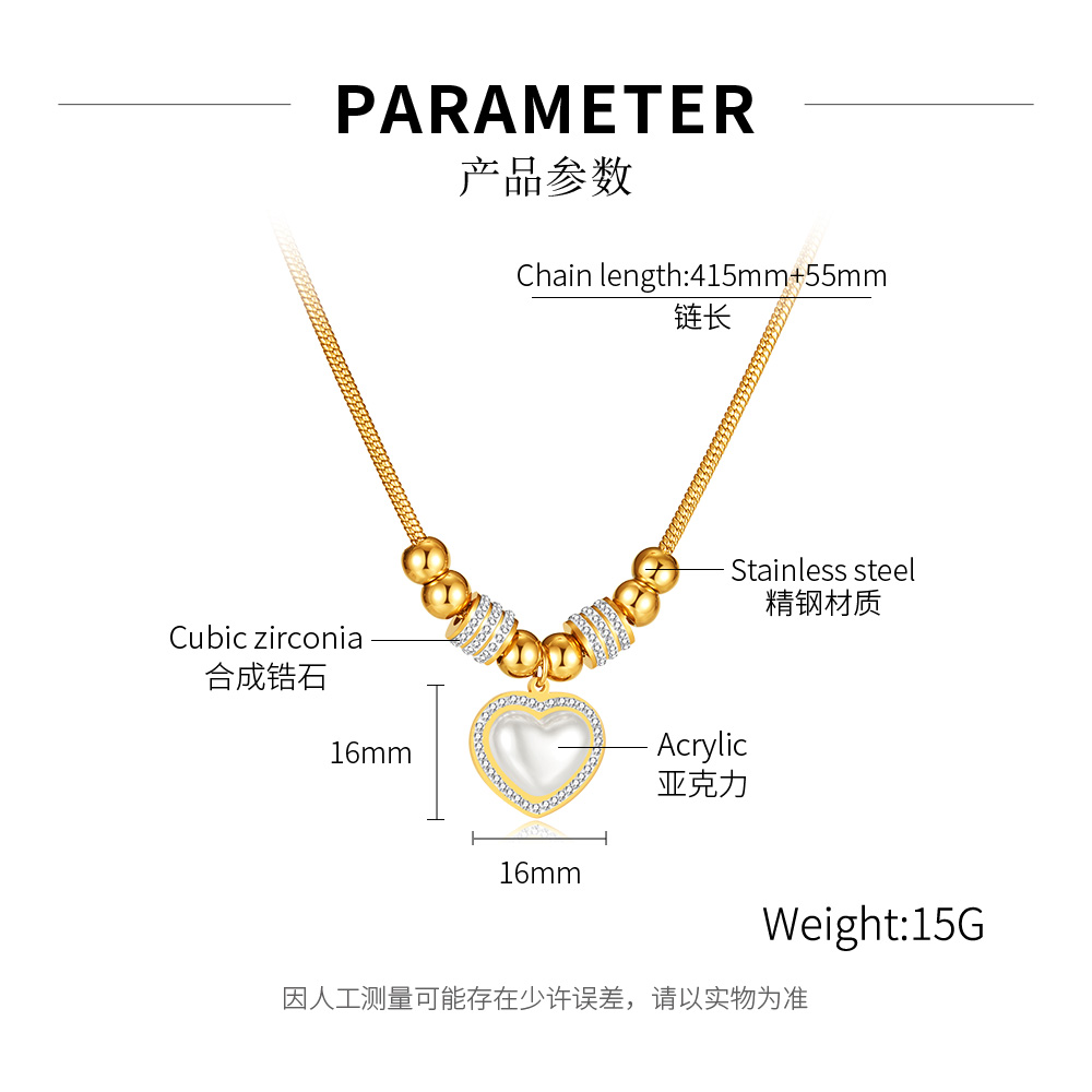 ファッションアクリルラブハートペンダントシンプルラックスジルコンステンレススチールゴールドボールネックレスヘビチェーン18インチ