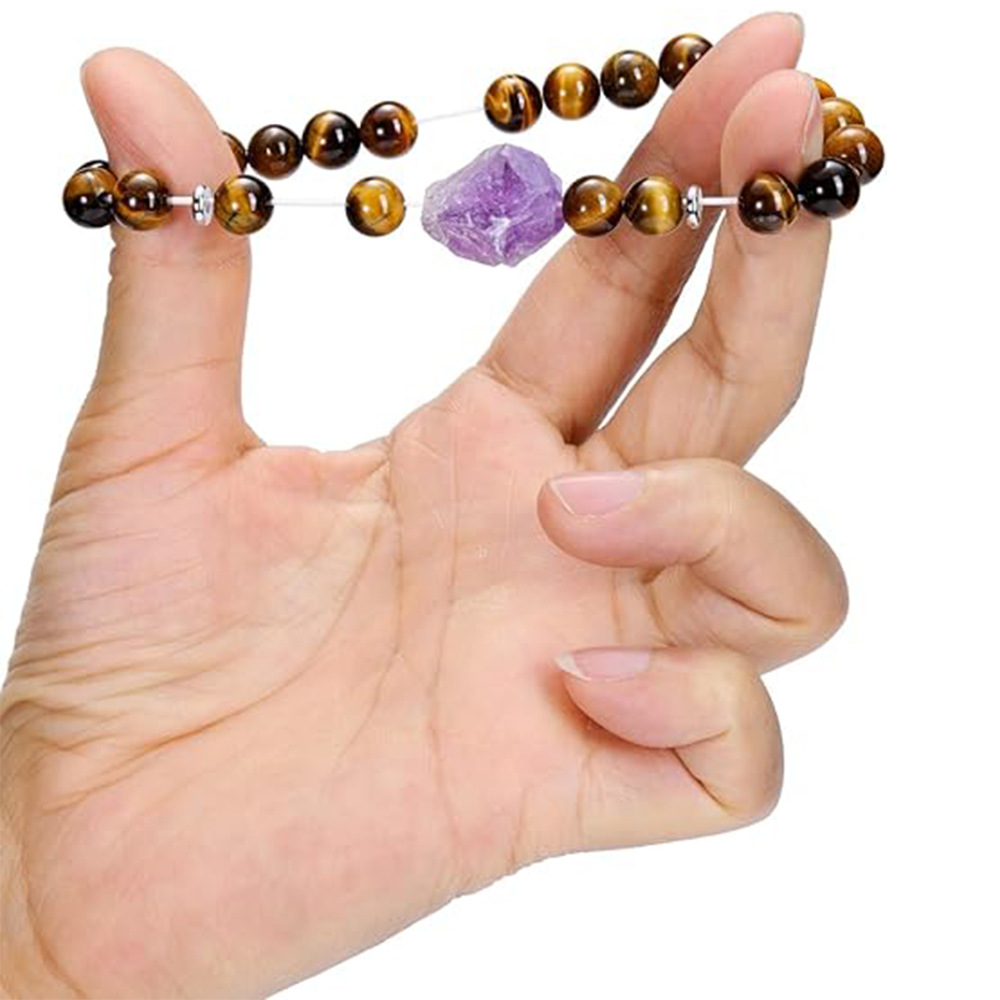 Reiki-Heilstein-Strang-Armband, unregelmäßiger roher Amethyst, Druzy-Charms, schwarz-weiße Perlen, elastischer Energie-Armreif für Damen und Herren