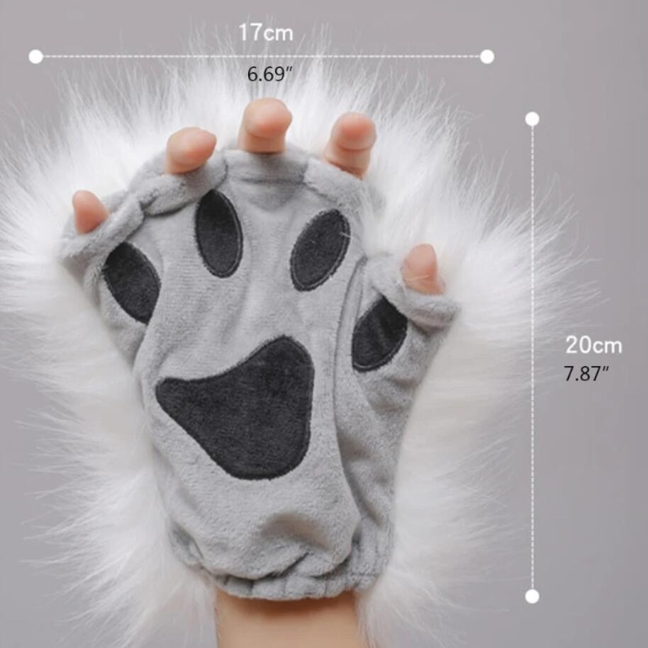 Five Fingers Glove Lovely Cartoon Fluffy Bear Cat Claw Paw Mittens Winter Female Half Finger Plush Ladies Fingerless Warm