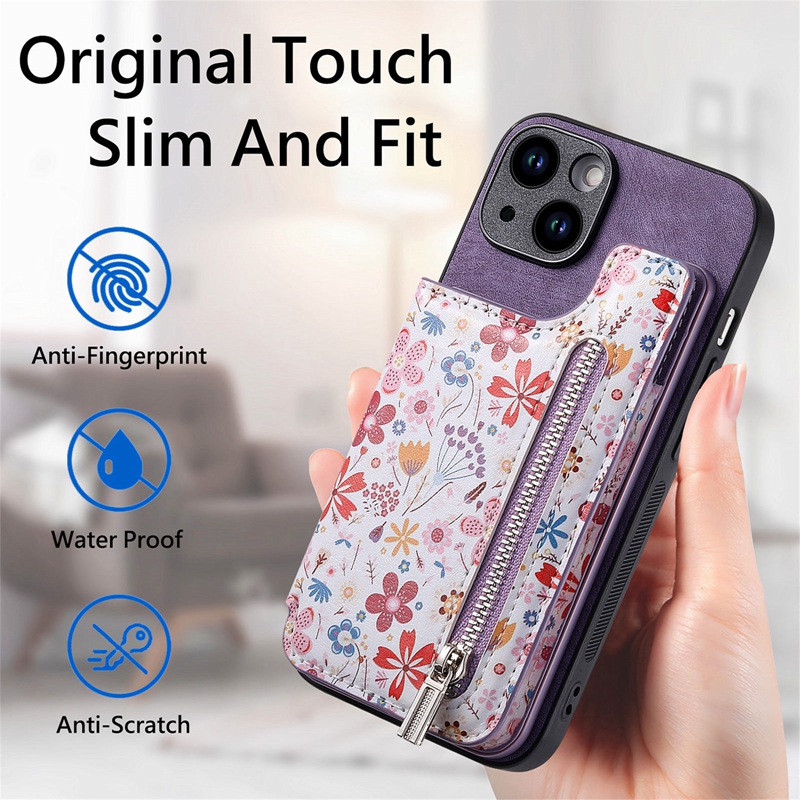 Étuis portefeuille en cuir PU avec fermeture à glissière pour iPhone 15 14 Pro Max 14 Plus 13 12 11 X XS XR 8 7 6 Flower ID Cash Slot Aimant Support de voiture Support de béquille Couverture arrière