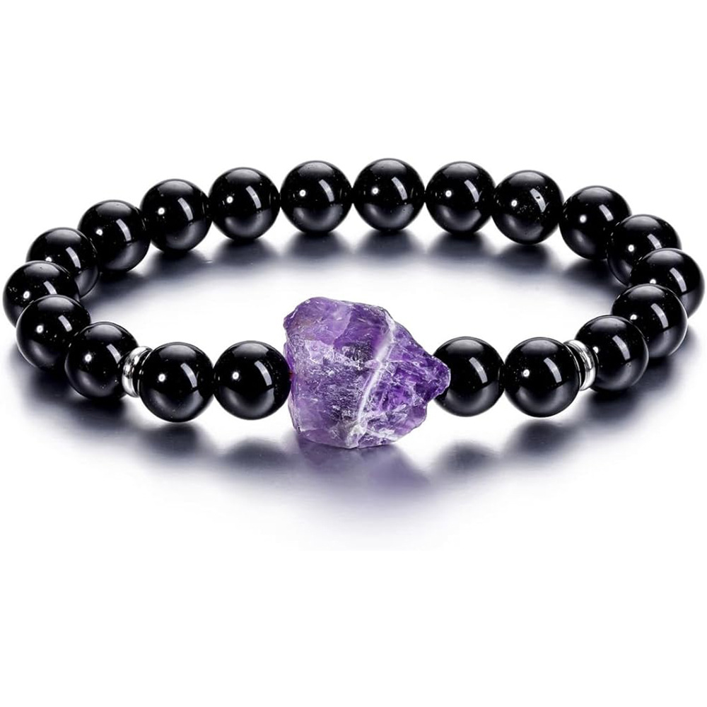 Reiki-Heilstein-Strang-Armband, unregelmäßiger roher Amethyst, Druzy-Charms, schwarz-weiße Perlen, elastischer Energie-Armreif für Damen und Herren