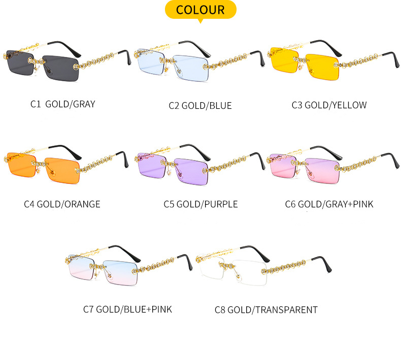 Lunettes de soleil design Femmes Lunettes de soleil diamant Lunettes de soleil sans monture Nuances Strass Lentille Dames Lunettes sans cadre